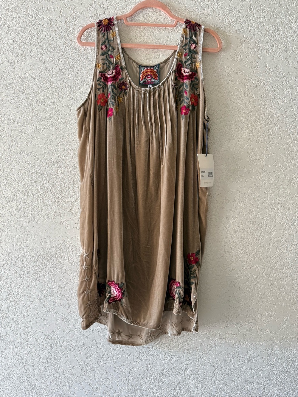 JOHNNY WAS Emilia Velvet Pintuck Sleeveless Floral Embroidered Dress Size Large